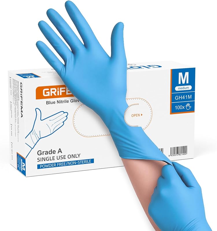 GRIFEMA Blue Disposable Nitrile Gloves Size M - Box of 100 - Powder Free & Latex Free, Durable, Food Safe - Id