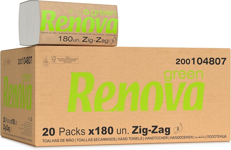 Renova Zig-Zag Renovagreen 2-Ply Recycled Paper Napkins with FSC and Ecolabel Certified 20 Packs of 180