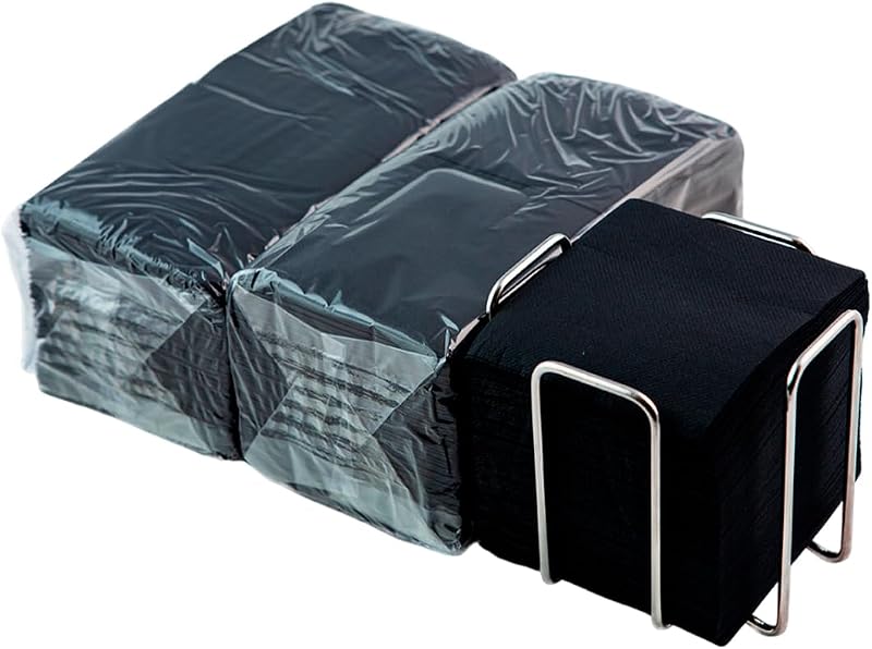 Cocktail Napkins, 300 Pieces Black Paper Cocktail Napkins + Stainless Steel Napkin Holder, Micro-dot Texture N