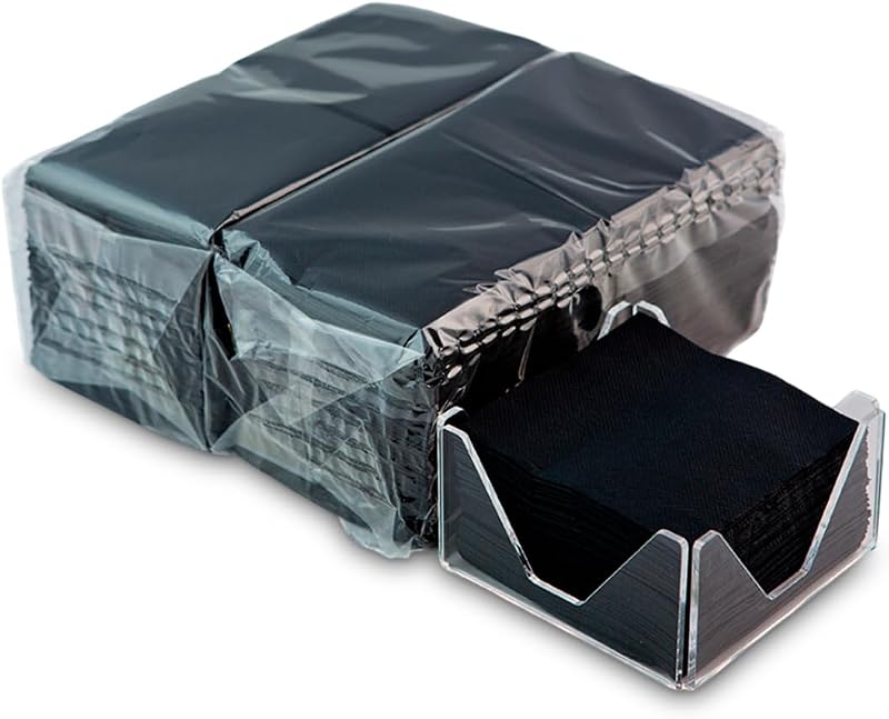 300 Pieces Black Paper Cocktail Napkins+Clear Methacrylate Napkin Holder, Micro-dot Texture Napkins, Thicker a
