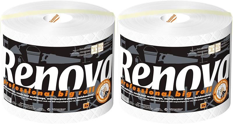 Renova Professional Big Roll Multi-Purpose Paper Spool, Heavy Duty and 100% Recycled, 2 Ply, 1 Roll (Pack of 2