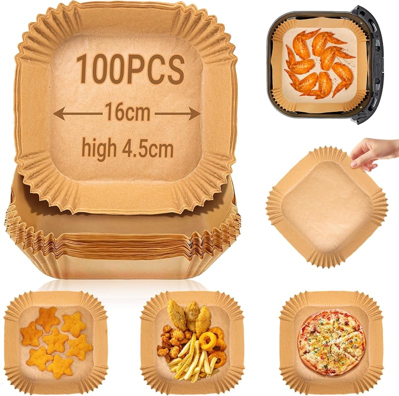 100 Pieces Square Baking Paper for Air Fryer, 16 cm Non-Stick Oil-Free Baking Paper Air Fryer Accessory for Re
