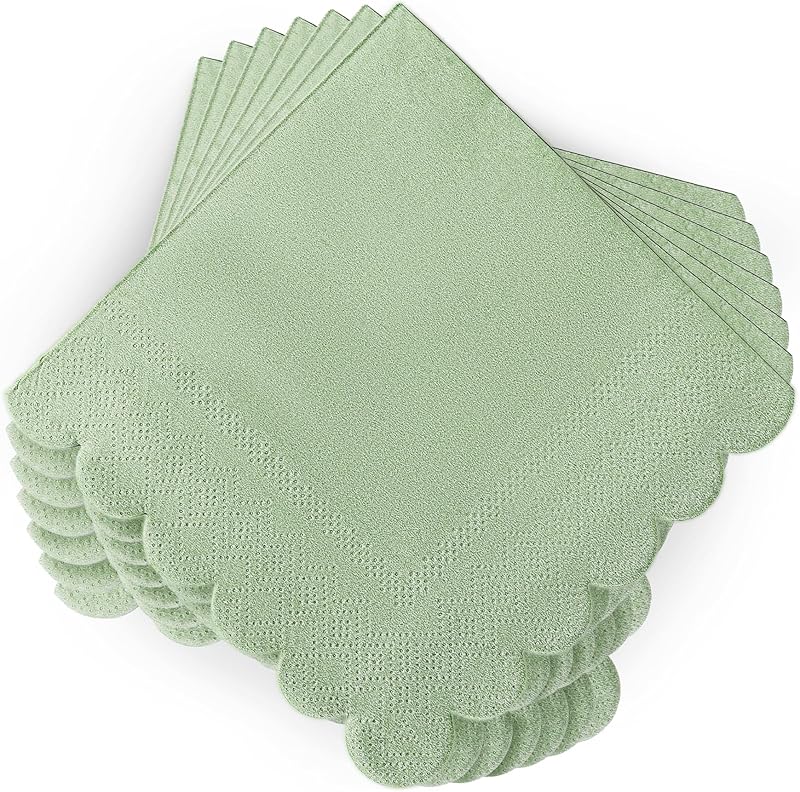 100 Sage Green Scalloped Edge Cocktail Napkins Disposable Napkins for Dinner Wedding Birthday
