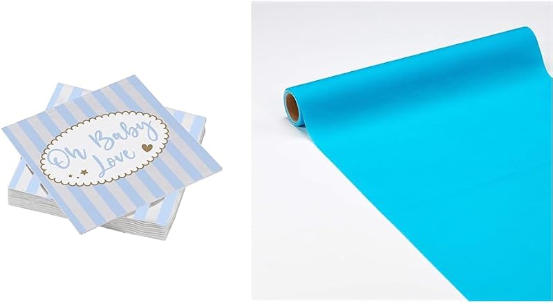 FSC® 20 Cotton Napkins 33 x 33 cm 3-Ply Baby Love Blue + 3-in-1 Airlaid Blue Turquoise FSC® Table Runner – 0.4