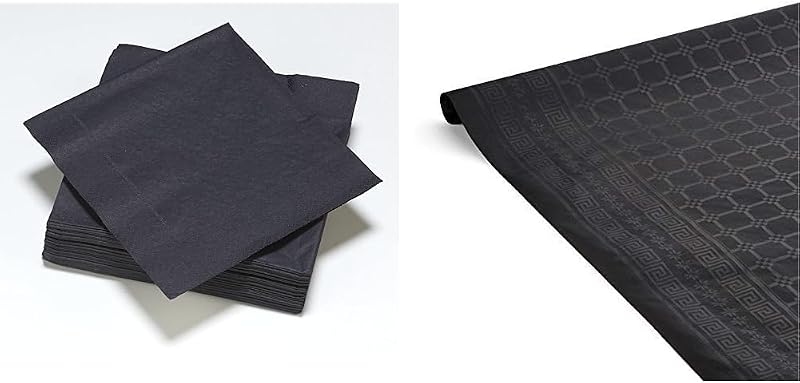 50 Serviettes Noir en ouate 2plis FSC® - 33x33cm + Nappe Noire en papier Damassé