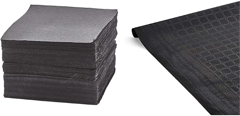 FSC® 50 Tex Touch Cocktail Napkins 25 x 24 cm + Black Damask Paper Tablecloth 1.2 x 6 m