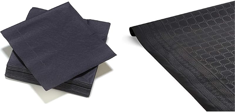 FSC 40 Black 3-Ply Wadding Napkins 40 x 40 cm + Damask Paper Tablecloth 1.2 x 6 m