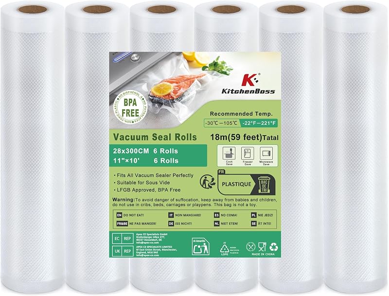 KitchenBoss Food Vacuum Roll: Food Vacuum Bag for Vacuum Sealer - Food Vacuum Film for Cooking, 6 Rolls 28 x 3