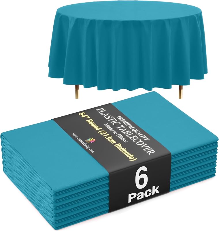 Exquisite Premium Turquoise Round Tablecloth 66% Thicker 0.5 Mil - Pack of 6 Plastic Disposable Table Cloth -