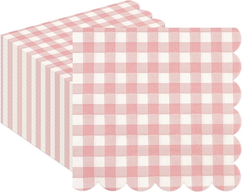 Lot de 50 serviettes en papier festonnées rose vichy – Serviettes de table jetables à rayures rose clair et bl