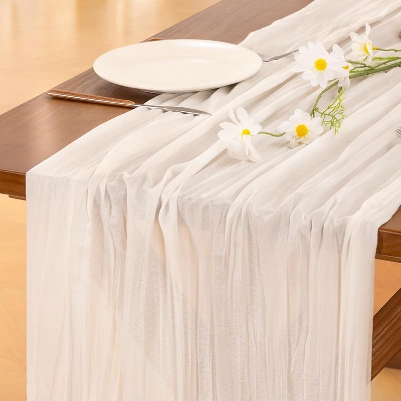 Ivory White 120 Inch Cheesecloth Table Runner, Rustic Bohemian Style Table Runner for Wedding Party Baby Showe