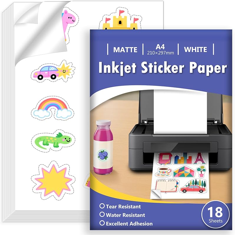 Euqvunn 18 Sheets A4 Printer Sticker Sheet, White Matte Waterproof Vinyl Printable Paper, Full Sheet Self Adhe