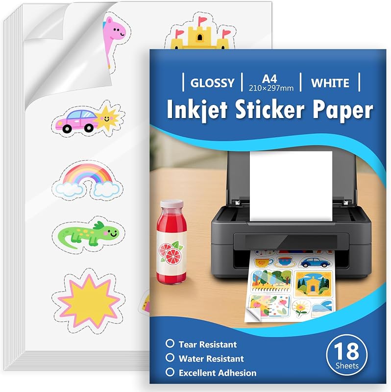 Euqvunn 18 Sheets A4 Glossy White Waterproof Vinyl Printable Sticker Paper, Full Sheet Self Adhesive for Inkje
