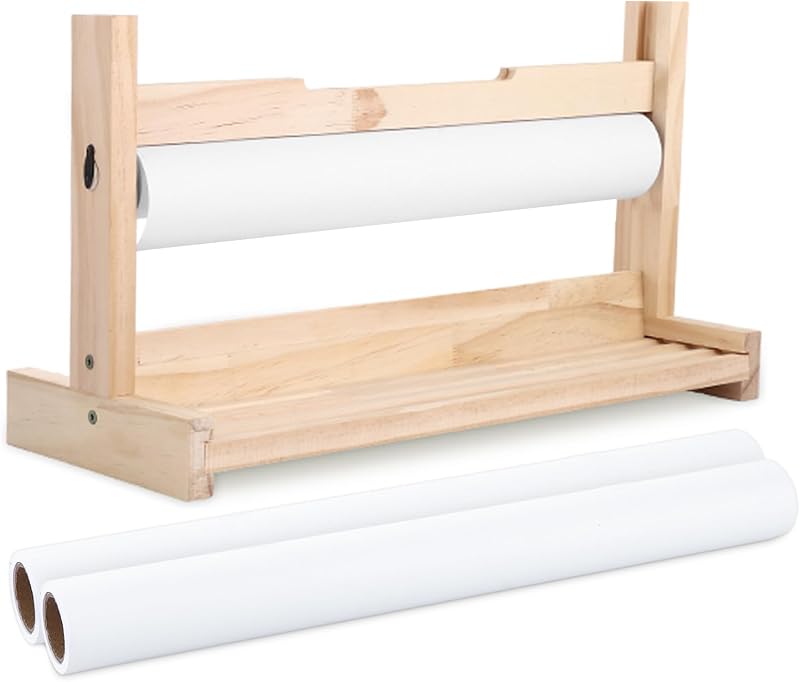LOLYSIC Drawing Paper Roll Holder with 2 Rolls of White Paper 36cm x 5m | 70GSM Wooden Table Paper Roll Dispen