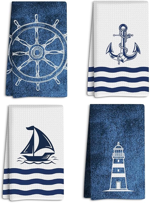 Nautical Decorative Hand Towels Set of 4 Microfiber Waffle Fabric Quick Dry Absorbent Coastal Decor for Bathro