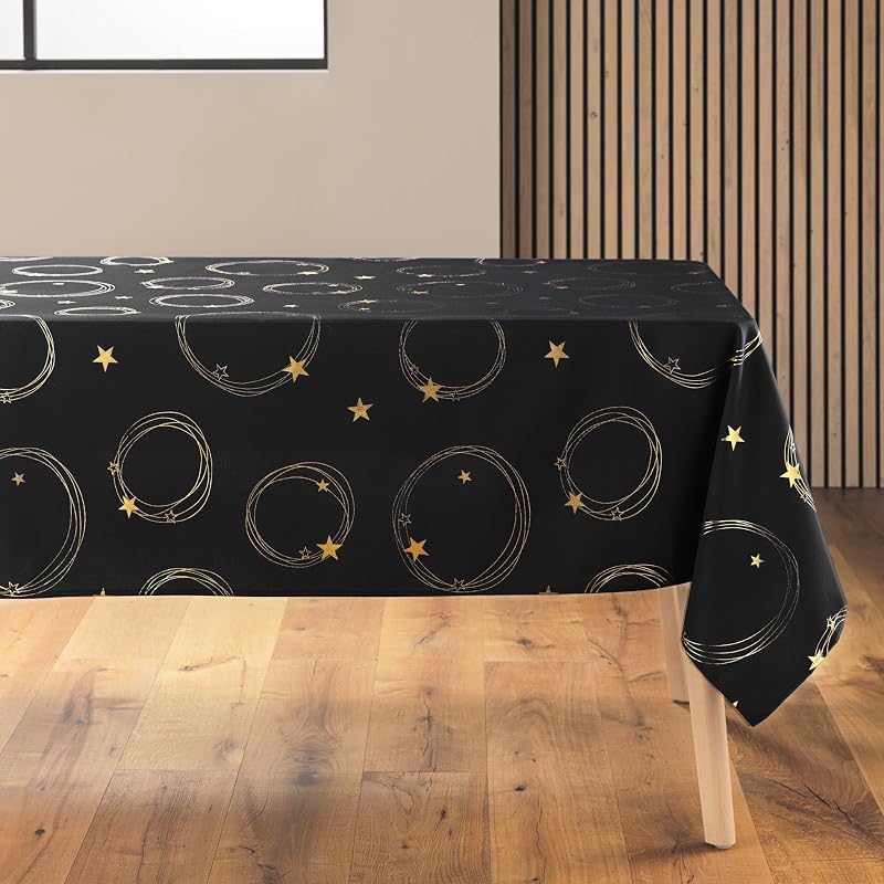 Douceur d'Intérieur, Rectangular Party Tablecloth (150 x 240 cm) Star Black/Gold, Metallic Printed Polyester
