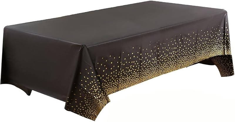 Gold Foil Party Disposable Tablecloth - Holiday Party Decoration with Black Background and Gold Dots