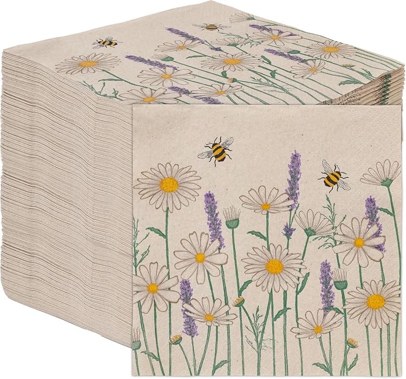 Table Kind 100 x Soft Paper Napkins Bulk Daisy Flower Bee Disposable Party Wedding Daily Kraft Unbleached Made