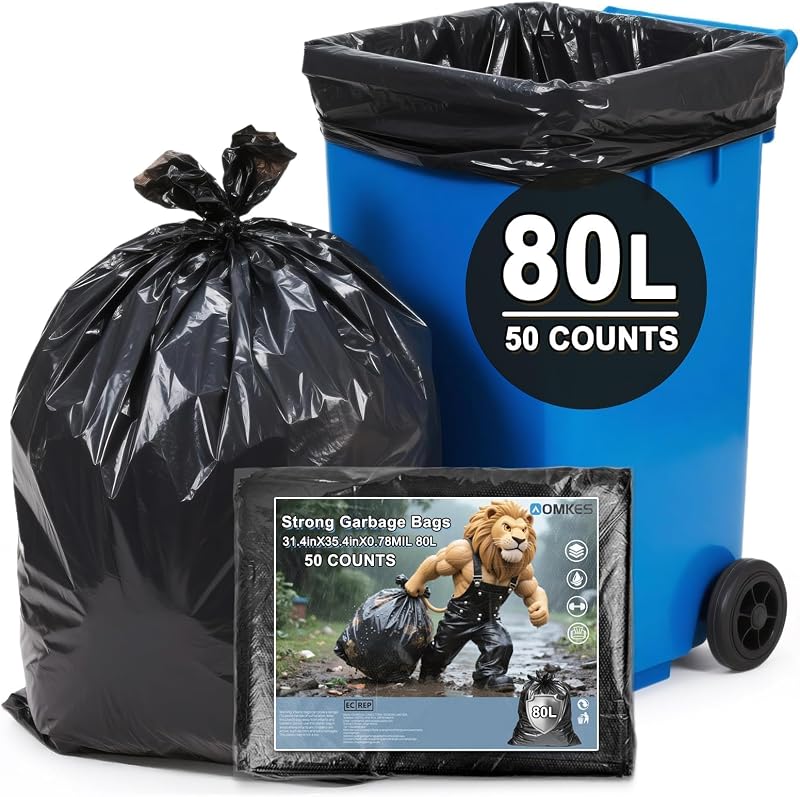 AOMKES 50 x 80L Large Heavy Duty Black Garbage Bags | Leak-proof base and tear-resistant sides, helps manage b