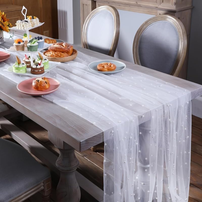Chiffon Table Runner with Pearls 80 x 200 cm Wedding Decoration Bridal Shower Dessert Table Decoration White
