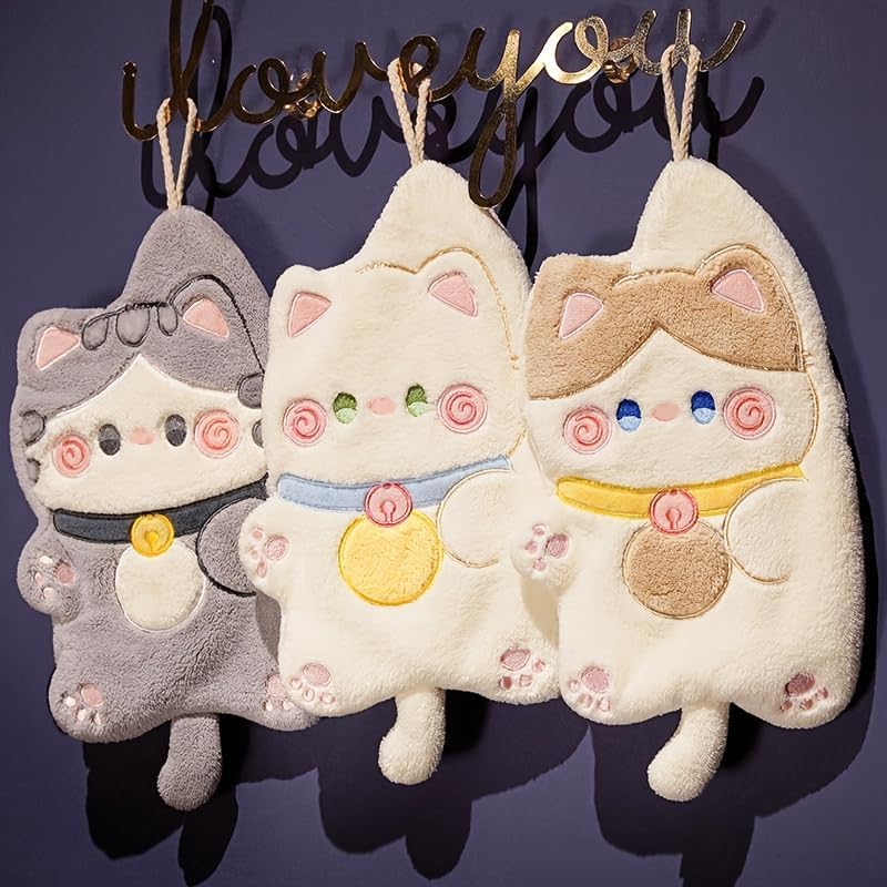 Cat Shape Hand Towels for Bathroom Kitchen Cute Super Absorbent Soft Hanging Hand Towels with Coral Velvet Fab