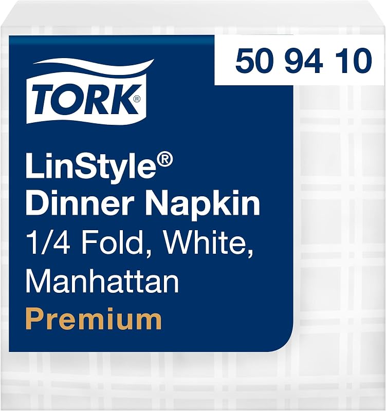 Tork LinStyle Dinner Napkin, White, 1/4 Folded, 19.5 x 19.5 cm, 14 x 50 Napkins, 509410