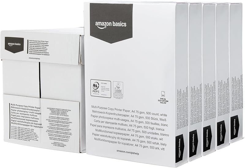 Amazon Basics Multifunctional Printer Paper, A4 75 g/m², 5 Reams of 500 Sheets, White