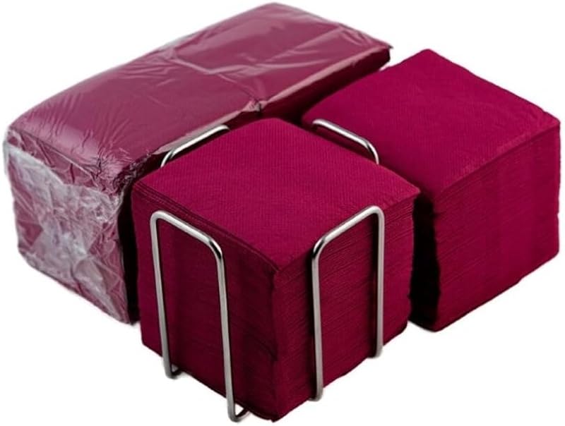 300 Pieces Burgundy Paper Cocktail Napkins+Stainless Steel Napkin Holder, Micro-dot Texture, Thicker and Absor