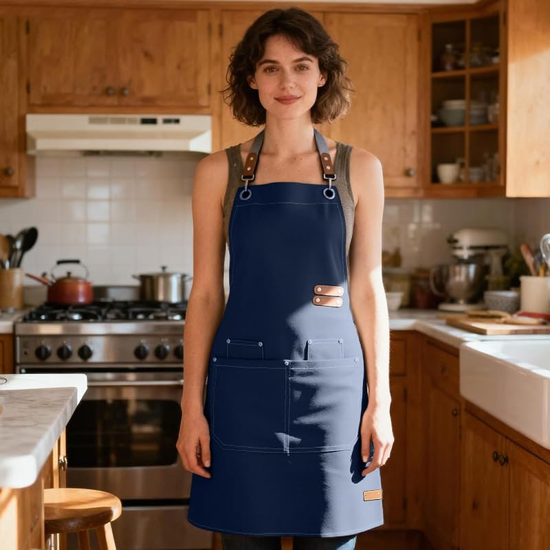 Adjustable Water Resistant Heat Resistant Apron with Pockets, Work Apron with Cross Strap for Kitchen