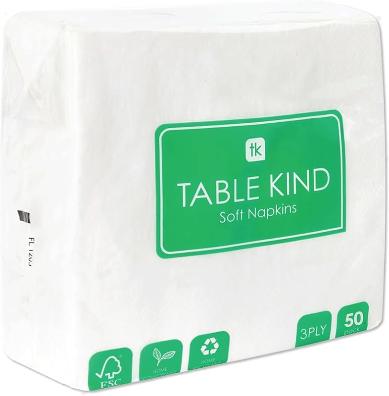 Kind Table 50 x White Soft Napkins for Parties, 3 Ply, Catering, Birthdays, Indoor or Outdoor Everyday Ideal f