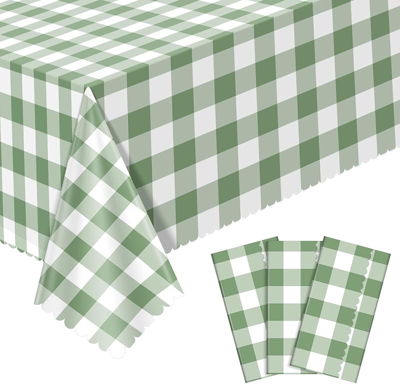 NatNarr Lot de 3 nappes jetables à carreaux vert sauge, 137,2 x 274,3 cm, nappes festonnées imperméables pour