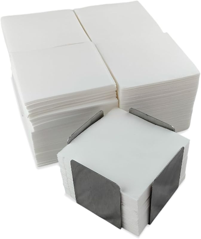 Cocktail Napkins, White Paper Napkins + Stainless Steel Napkin Holder, Micro-dot Texture Napkins, Thicker and