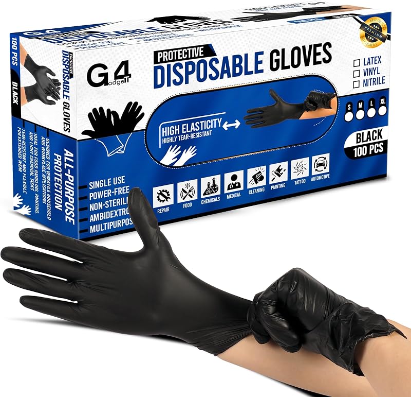 G4GADGET Lot de 100 gants jetables en vinyle noir extra large (XL) - Sans latex - Sans poudre - Qualité alimen
