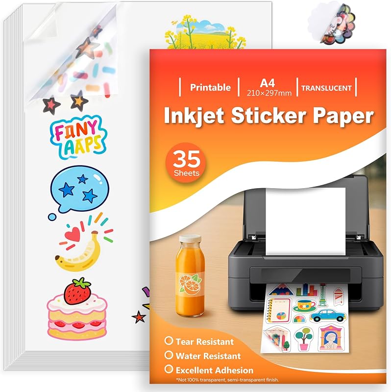 35 Sheets Self-Adhesive A4 Printer Sheet, Translucent Waterproof Vinyl Printable Paper, Full Sheet Self Adhesi