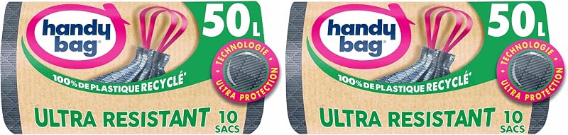 Handy Bag Bin Liners with Sliding Handles Heavy Duty & Leak-Proof Bottom, 100% Recycled Plastic, 1 Roll of 10 