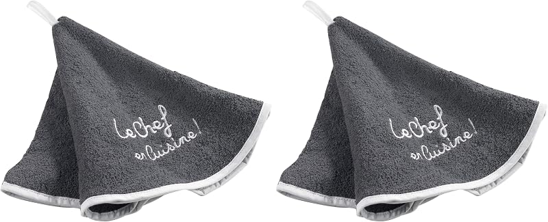 Douceur d'Intérieur Cuistot Round (0) Hand Towel 60 cm Embroidered Sponge Cuistot Cotton, Anthracite, 60 x 60 