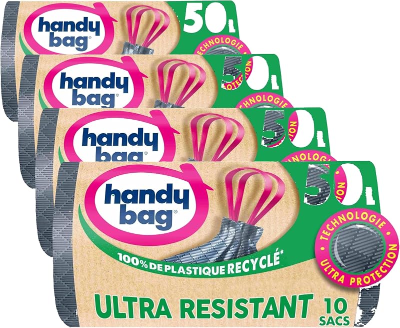 Handy Bag Bin Liners with Sliding Handles Heavy Duty & Leak-Proof Bottom, 100% Recycled Plastic, 1 Roll of 10 