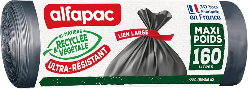 ALFAPAC - Large Bin Liners - Maximum Weight - Ultra-Resistant - 74% Recycled and 15% Vegetable - Made in Franc