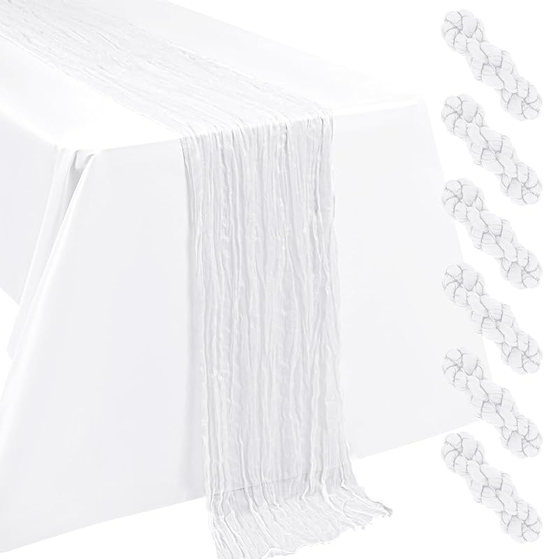6 Pieces of White Linen Chiffon Tablecloth 55 x 300 cm Boho Gauze Fabric Cheese Table Runner 10FT Long Rustic
