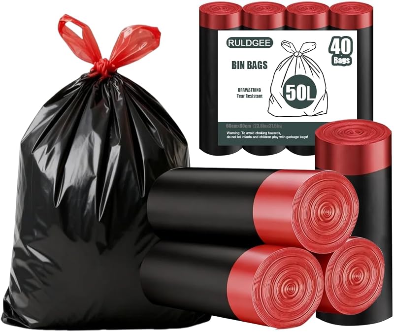 RULDGEE Lot de 50 sacs poubelle à bascule avec poignées à cordon de serrage, 40 sacs poubelle noirs très résis