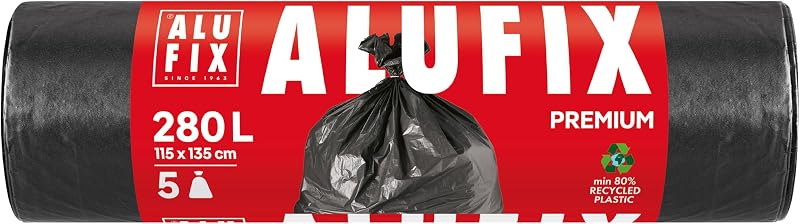 ALU FIX Pro Bin Liners, Extra Strong LDPE Bin Liners, 280 L, 1 Roll, 60 μm, Black, 115 x 135 cm, for Garden, C