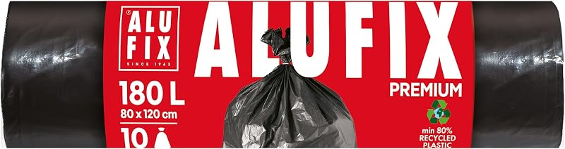 ALUFIX PRO LDPE Bin Liners, 180 L, 10 Liners, 1 Roll, 45 μm, Black, 80 x 120 cm