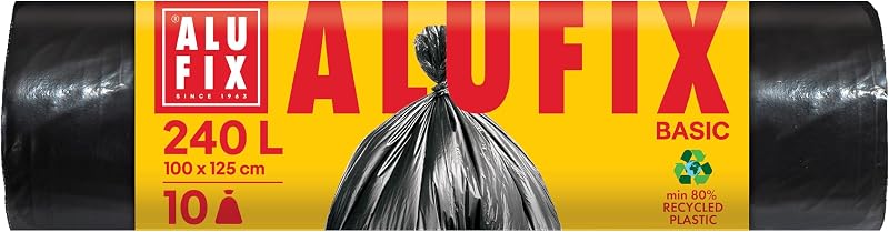 ALUFIX Economic/Basic HDPE Bin Liners, 240 L, 10 Bin Liners, 1 Roll, 20 µm, Black, 100 x 125 cm, Household Was