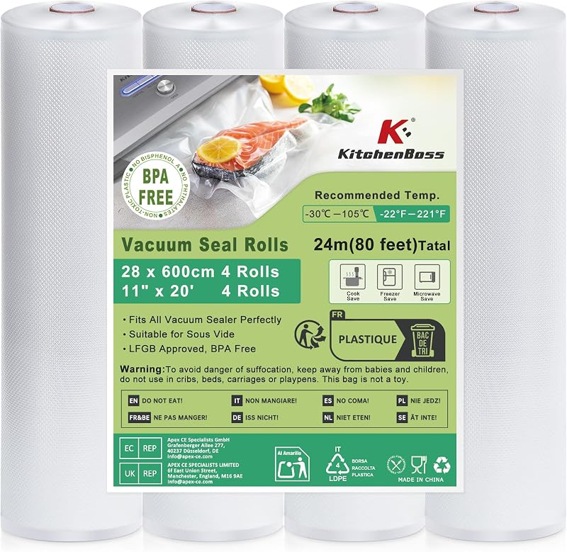 KitchenBoss Food Vacuum Roll, Food Vacuum Bag 11 x 600 cm, 4 Rolls