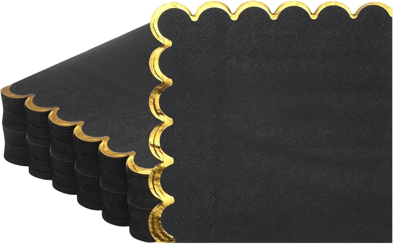 M METERXITY Lot de 100 serviettes cocktail festonnées avec bord en feuille d'or - Pliées - 12,7 x 12,7 cm - 2