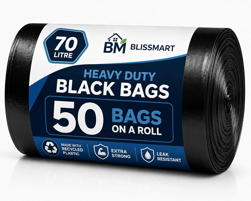 BlissMart Lot de 50 sacs poubelle noirs de 70 l très résistants pour déchets de cuisine, sacs poubelle de cuis