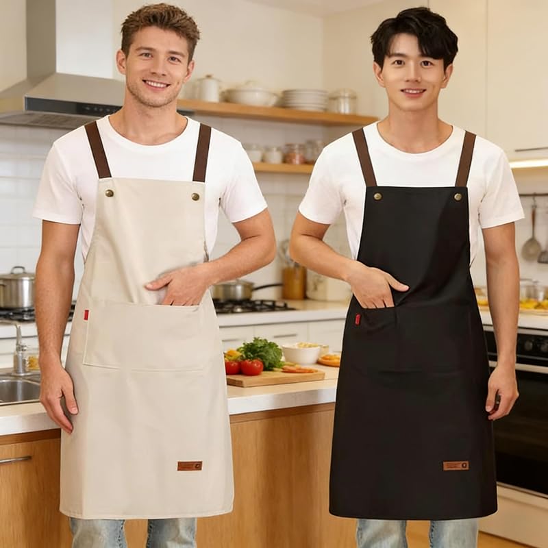 2 Pack Kitchen Aprons Waterproof Unisex Apron with Pockets for Work, Cleaning, Restaurant, Waiter, Work, White