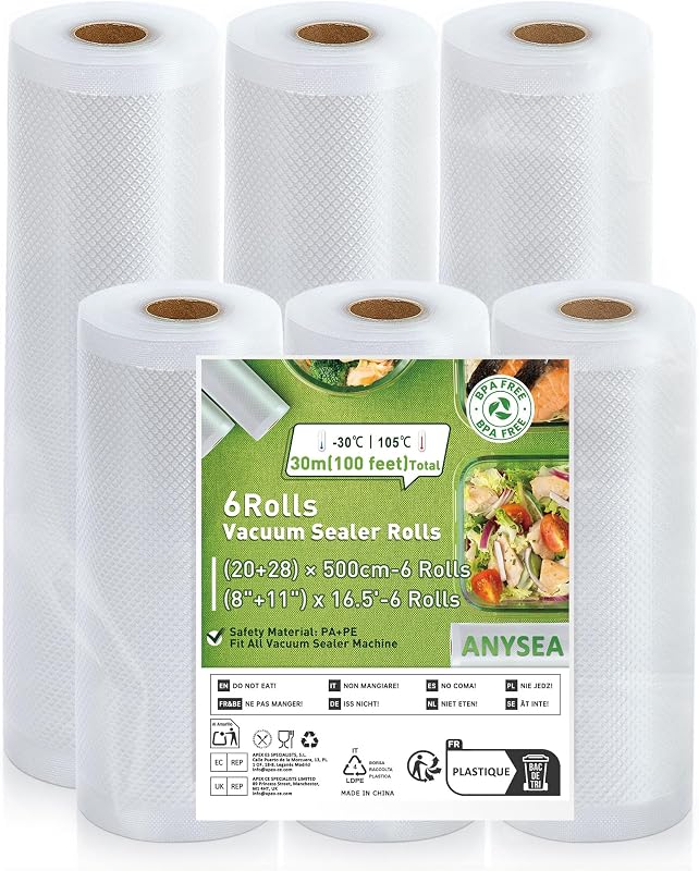 Food Vacuum Bags 20/28 x 500 cm, 6 Rolls of Professional Food Vacuum Film for Vacuum Sealer and Vacuum Cooking