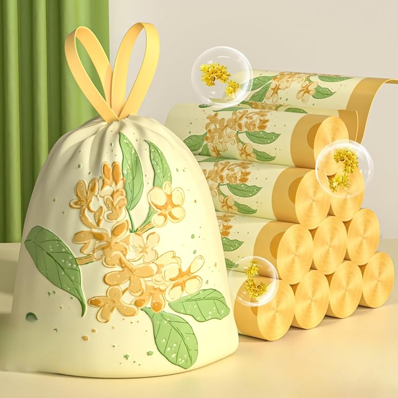 100 Pack Osmanthus Scented Large Thick Trash Bags with Drawstring Bags, Suitable for Kitchens, Offices, Restau