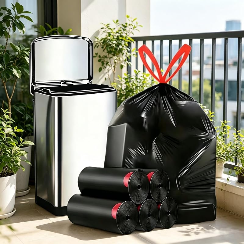 5 Rolls Black Drawstring Trash Bags (100 Pieces), Waterproof and Easy to Seal for Bathroom, Kitchen, Outdoor, 